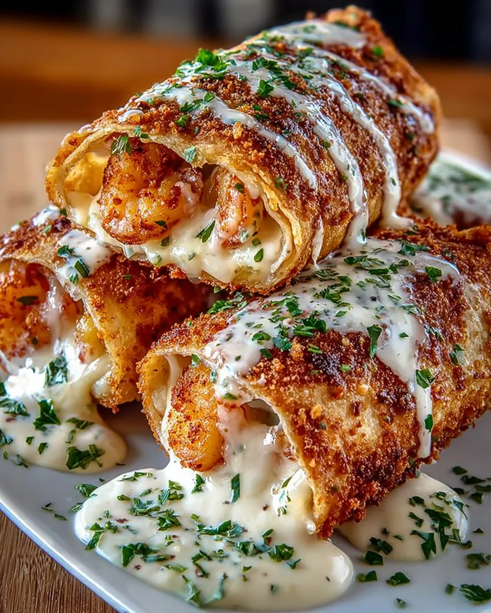 Golden Deep-Fried Shrimp Alfredo Burrito Bites stacked on a plate with dipping sauce