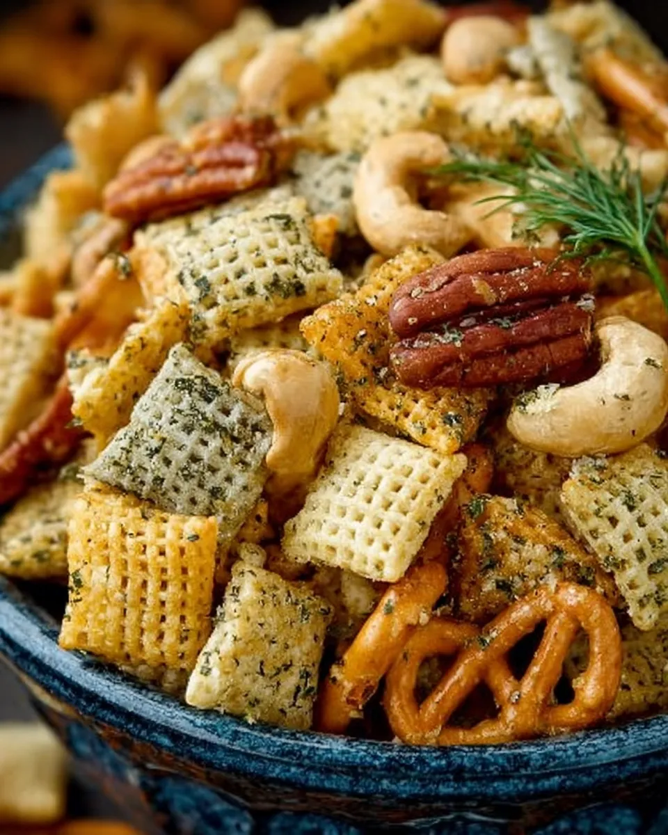 Bowl of dill pickle Chex Mix with pretzels, bagel chips, and cashews
