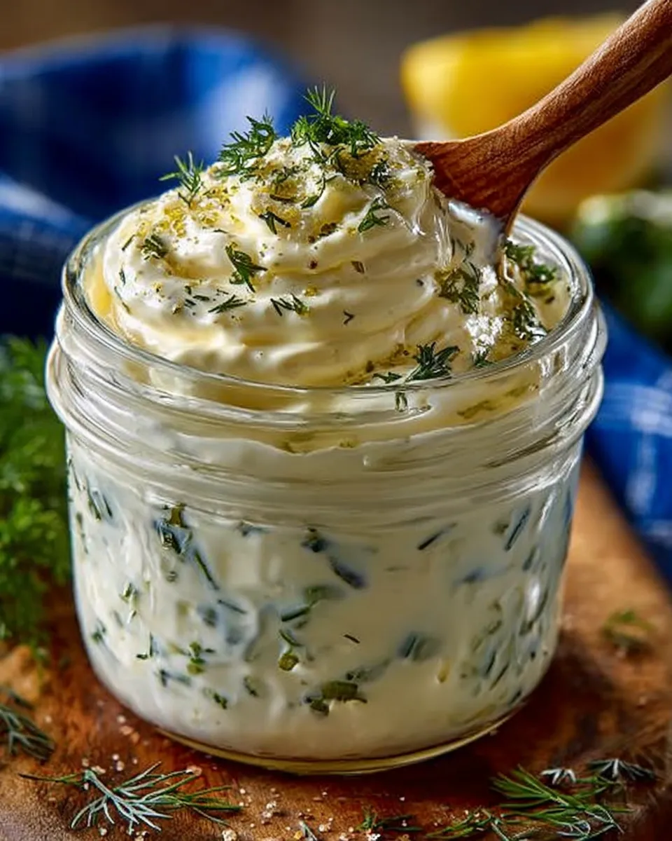 Bowl of creamy Dill Pickle Ranch garnished with fresh dill and pickle slices