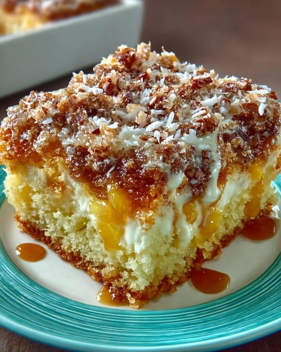 Moist pineapple cake topped with golden coconut-pecan glaze served in a 9x13 pan