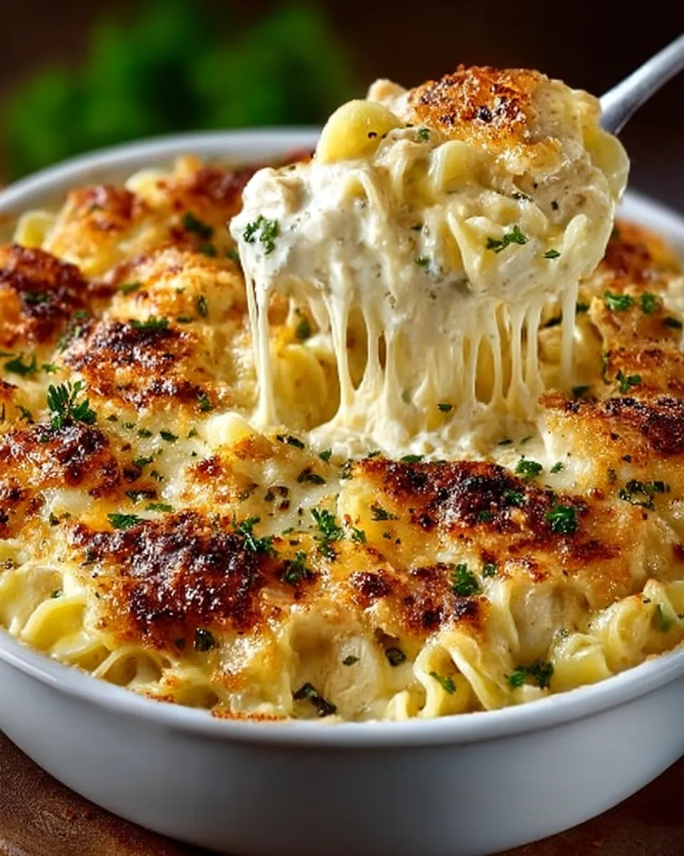 Serving of creamy chicken noodle casserole with noodles, cheese, and parsley in a baking dish