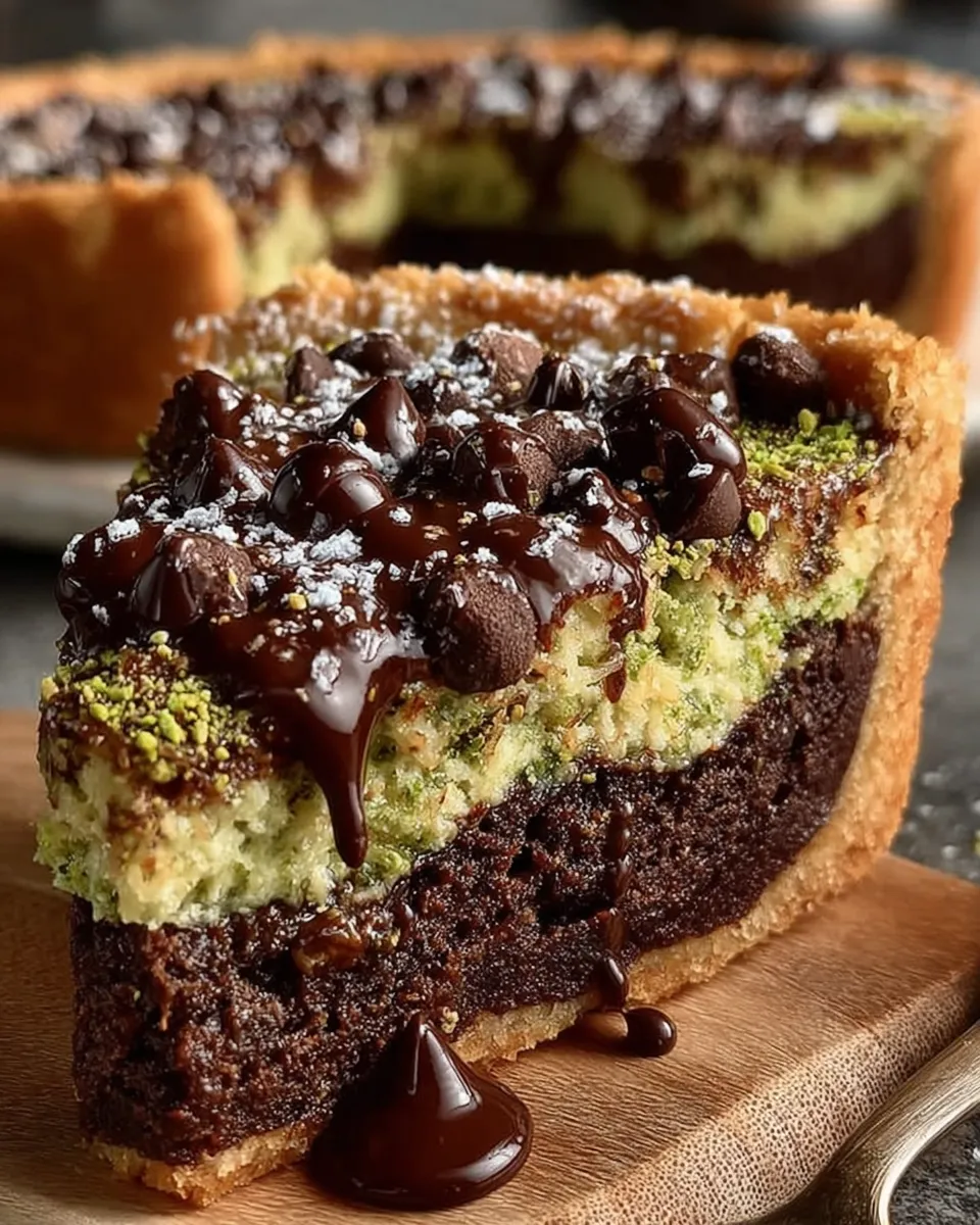 Slice of gooey Dubai Style Chocolate Cookie Pie with pistachio filling and kataifi topping