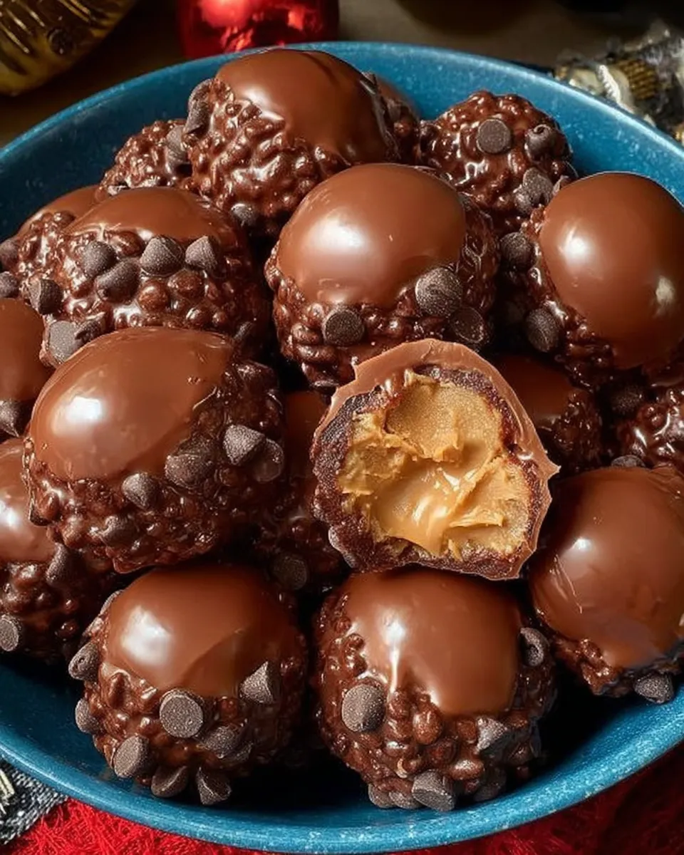Plate of no-bake chocolate Rice Krispie balls coated in mini chocolate chips