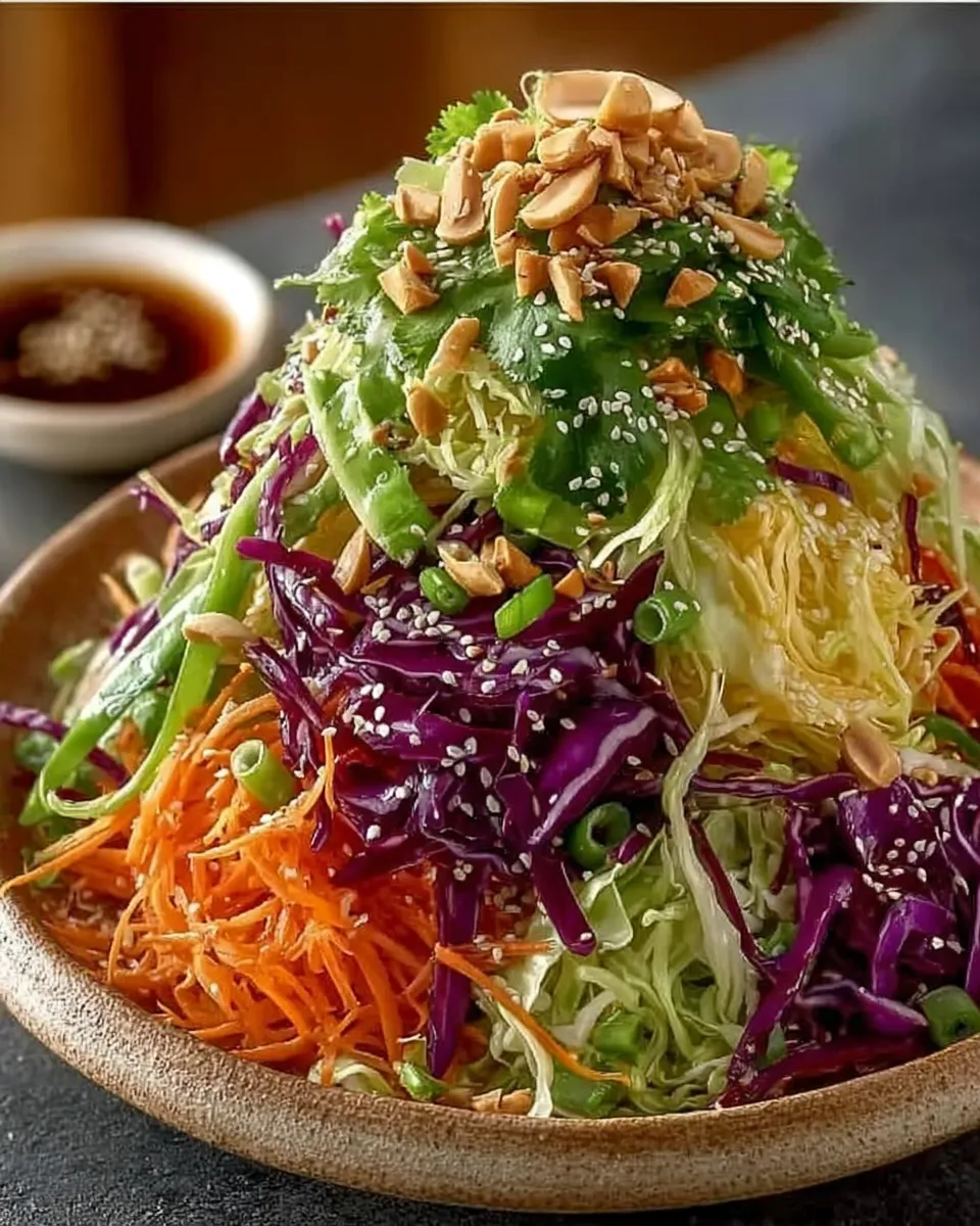 A vibrant bowl of Asian cabbage slaw with green and red cabbage, shredded carrots, and sesame dressing.