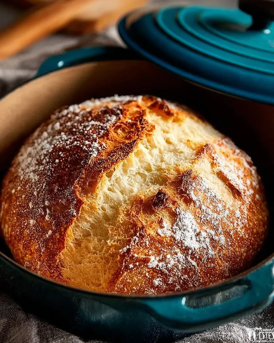 A golden, crusty loaf of easy Dutch oven no knead bread cooling on a wire rack.