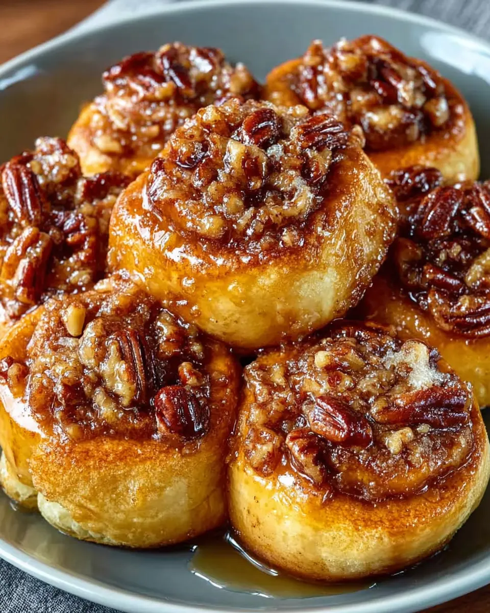 Plate of pecan sticky buns with caramel glaze and toasted pecans on top
