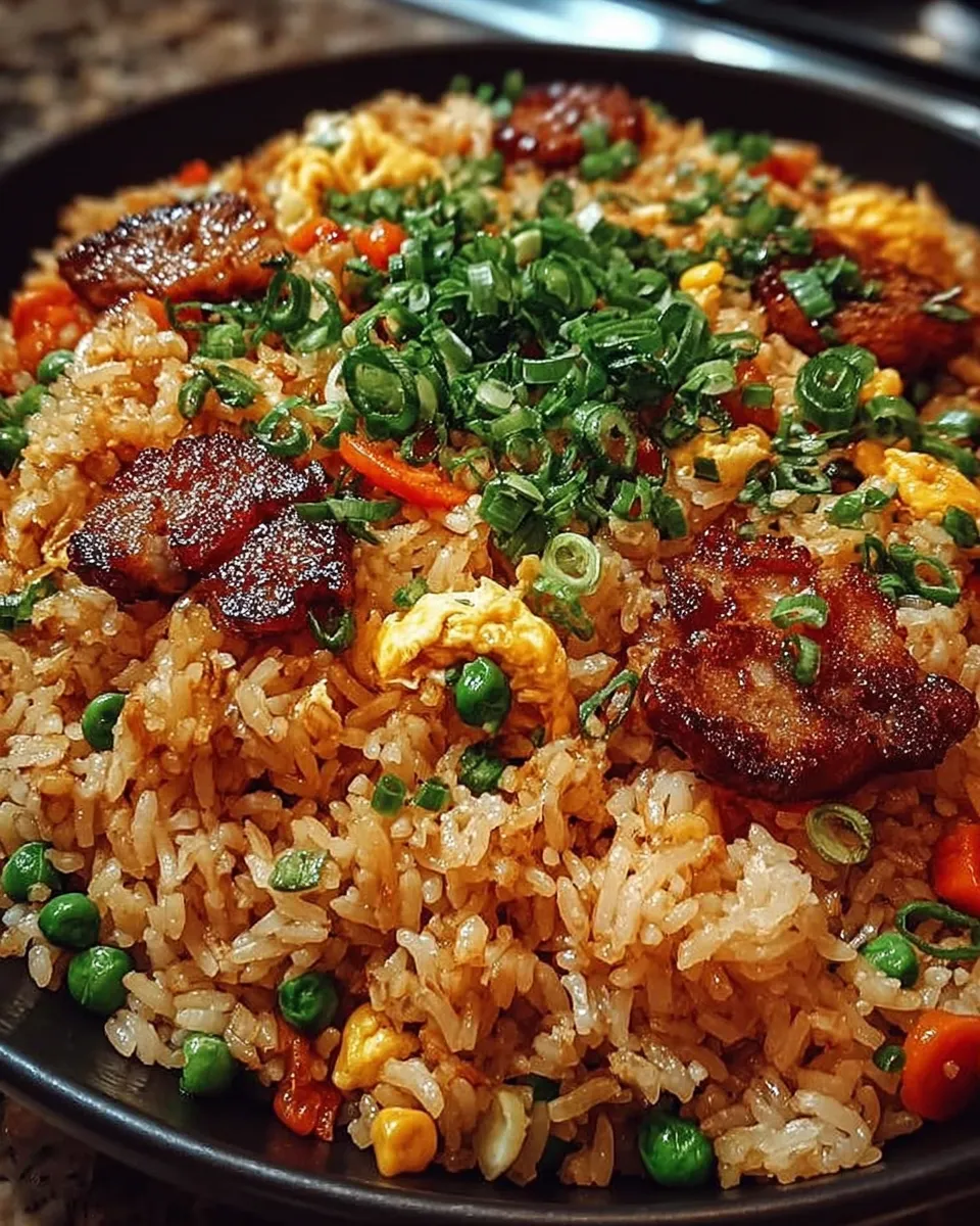 Skillet of Freakin Fantastic Fried Rice with mixed vegetables, eggs, and green onions