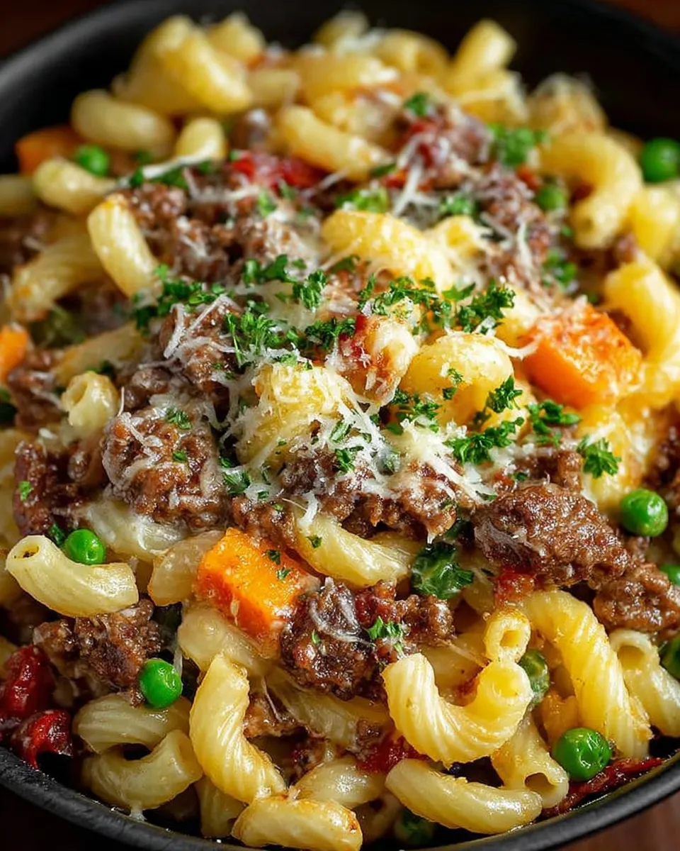 Skillet of French onion savory mince with melted cheese and pasta, ready to serve