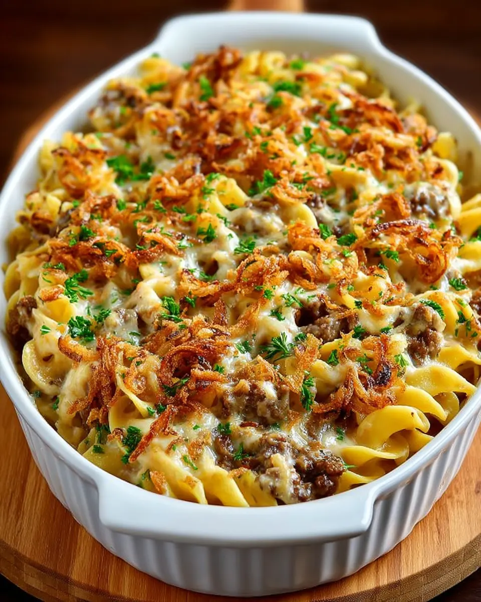 Baked French Onion Beef Casserole with crispy onions on top in a casserole dish