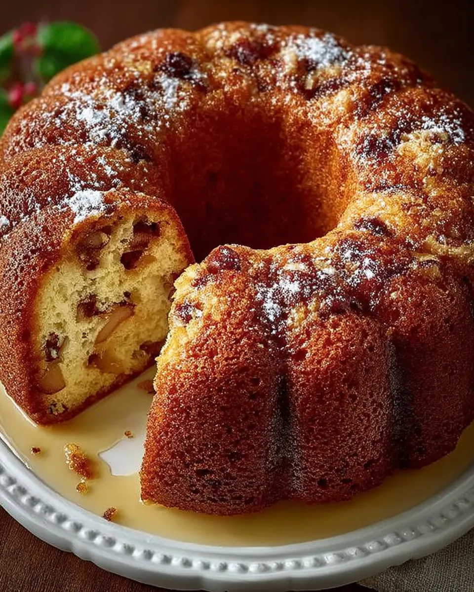 Fresh Apple Bundt Cake dusted with powdered sugar on a serving platter