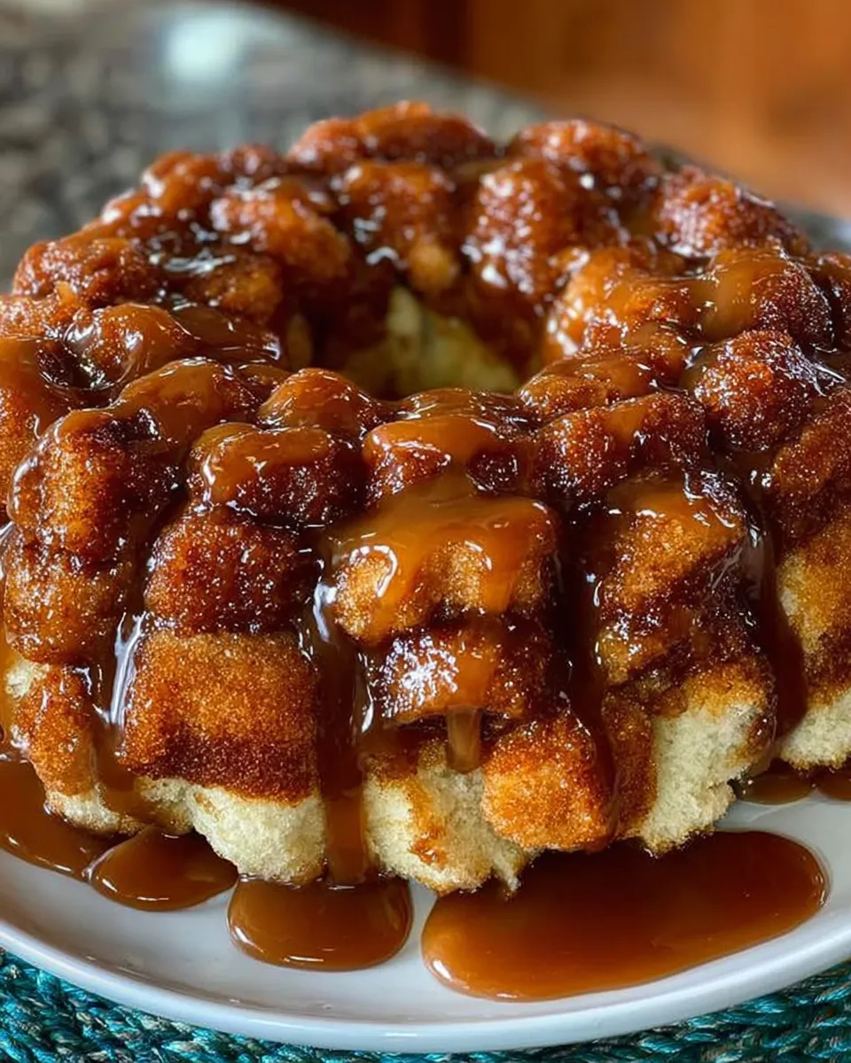 Freshly baked monkey bread with caramel glaze in a bundt pan, partially pulled apart to show gooey texture