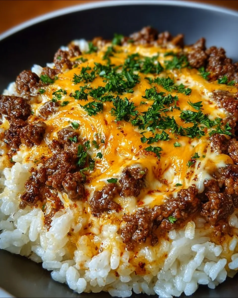 A skillet filled with garlic butter beef, rice, and melted cheddar-parmesan sauce, garnished with parsley.