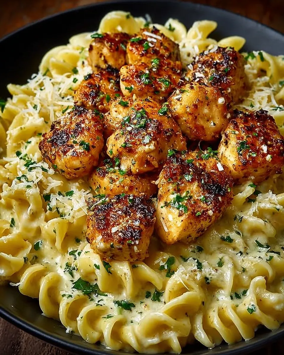 Skillet of garlic butter chicken bites over creamy Parmesan pasta garnished with parsley