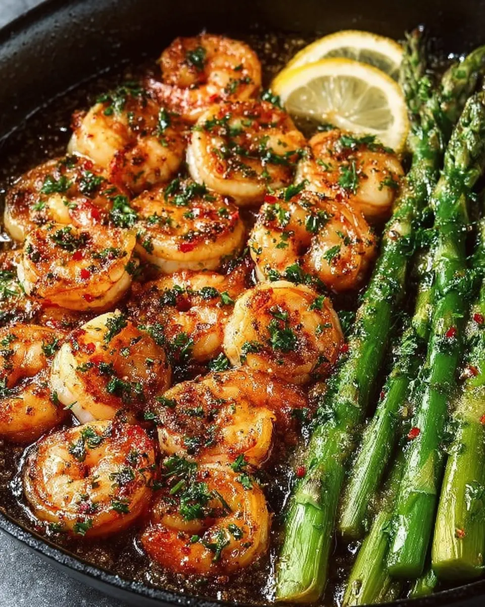 Skillet of garlic butter shrimp with asparagus, garnished with lemon and parsley