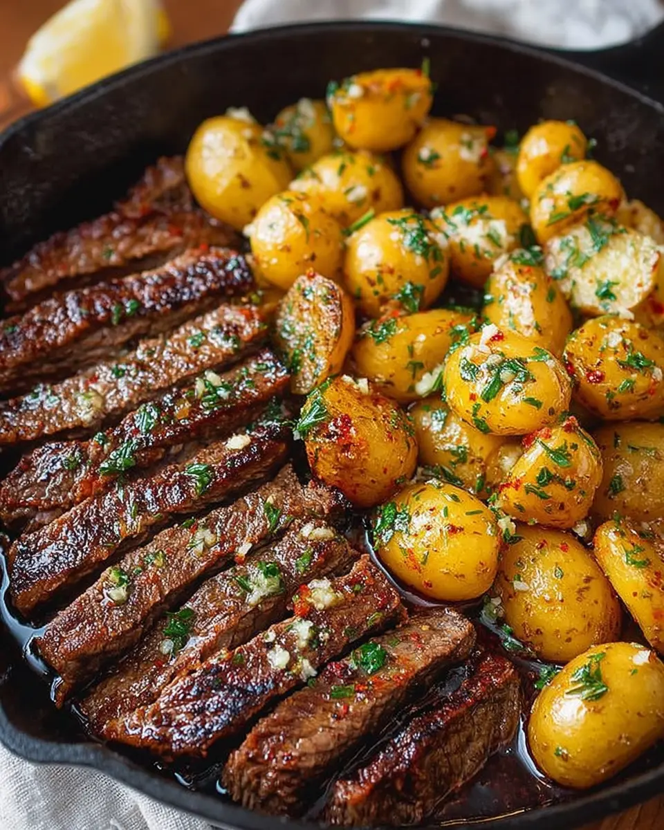 Garlic butter steak and potatoes sizzling in a cast iron skillet