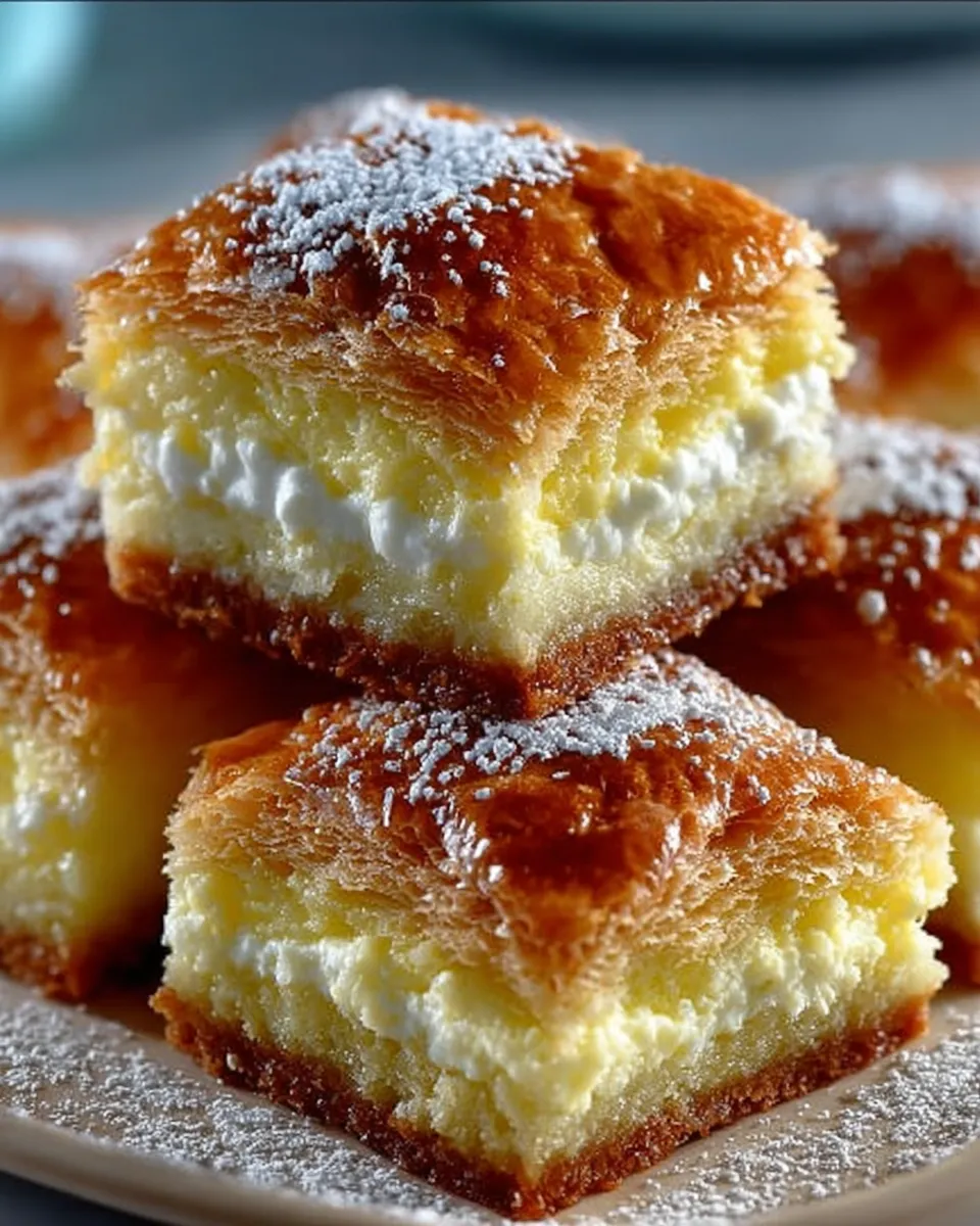 Golden Gooey Butter Cake Bars dusted with powdered sugar on a serving plate