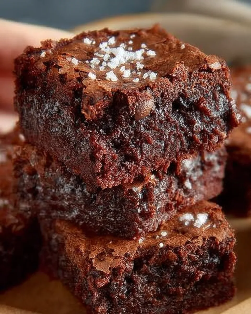 Stack of fudgy Grandma’s Brownies with crackly tops on a white plate