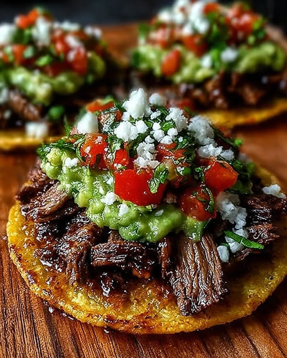 Grilled Beef Tostadas with steak, guacamole, and pico de gallo on a crunchy tostada shell