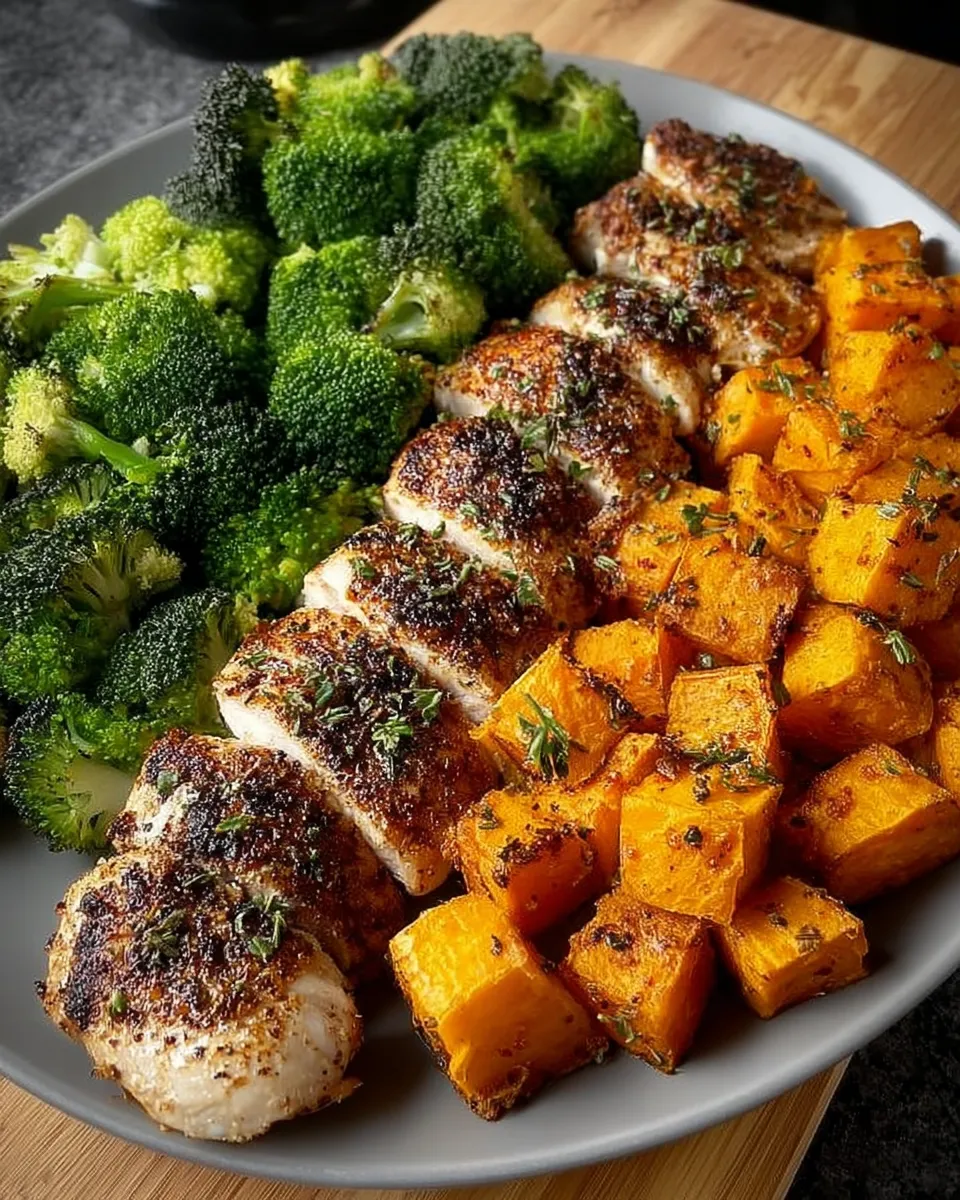 Juicy grilled chicken breast with roasted broccoli
Plate of roasted sweet potatoes and grilled chicken
Grilled chicken with vibrant roasted vegetables