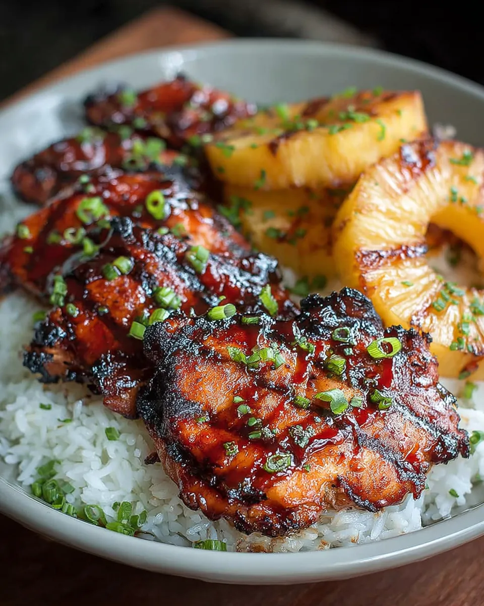Grilled chicken with pineapple rings on wooden board, garnished with green onions