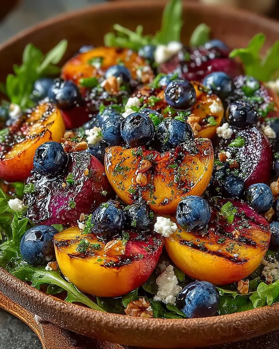 Colorful Grilled Peach Blueberry Salad with mixed greens, feta, and toasted pecans on a white plate 