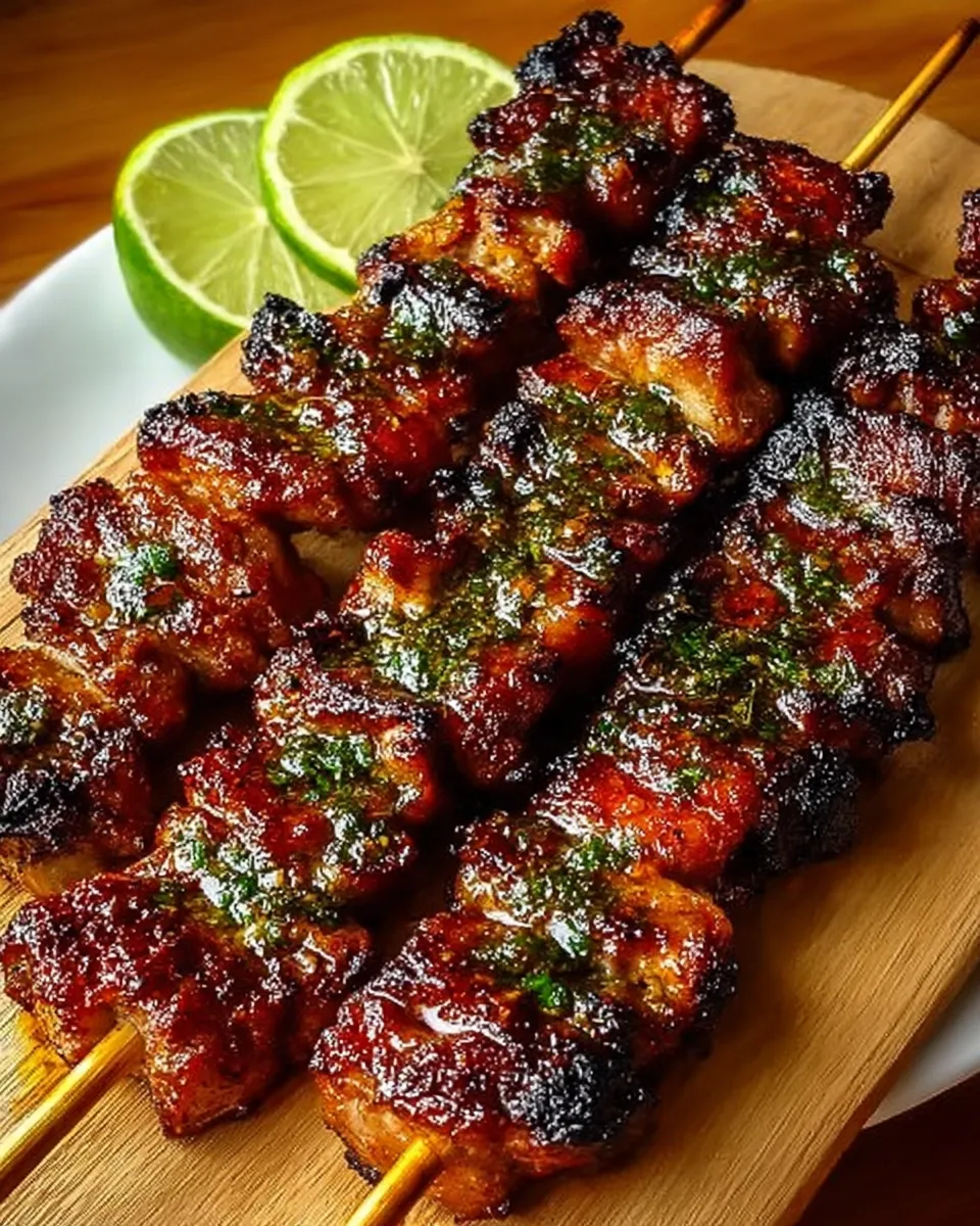 Grilled Thai Coconut Chicken Skewers with lime wedges and herbs on a serving platter