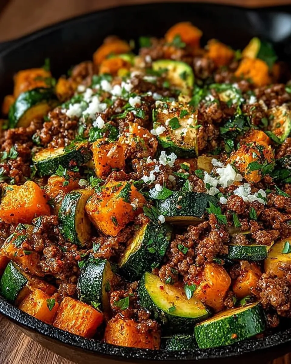 Skillet filled with ground beef, zucchini, and sweet potatoes topped with fresh parsley