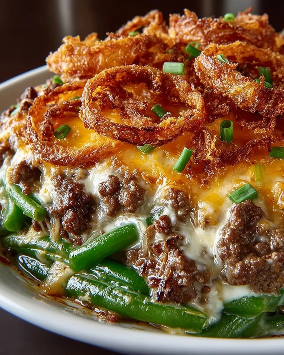 Baked hamburger green bean casserole in a dish topped with melted cheese