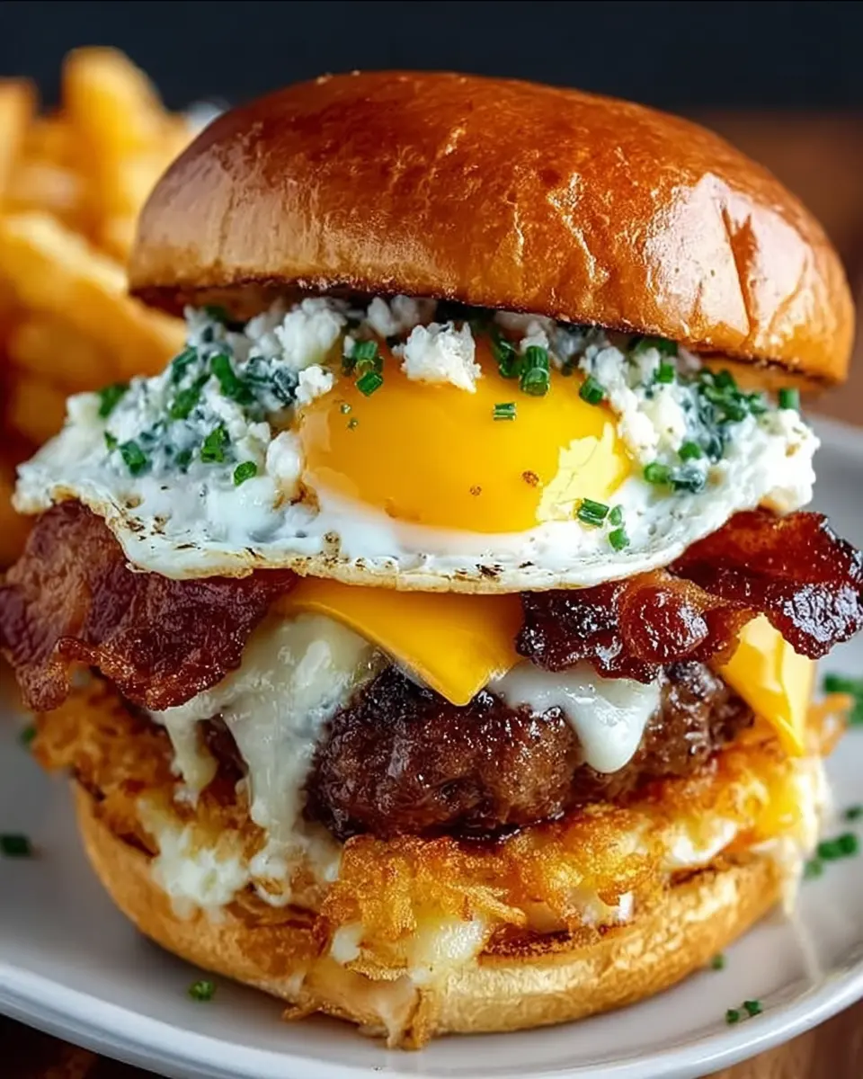 Hangover burger stacked with beef patty, crispy hash brown, bacon, fried egg, and pepper jack cheese on a toasted bun