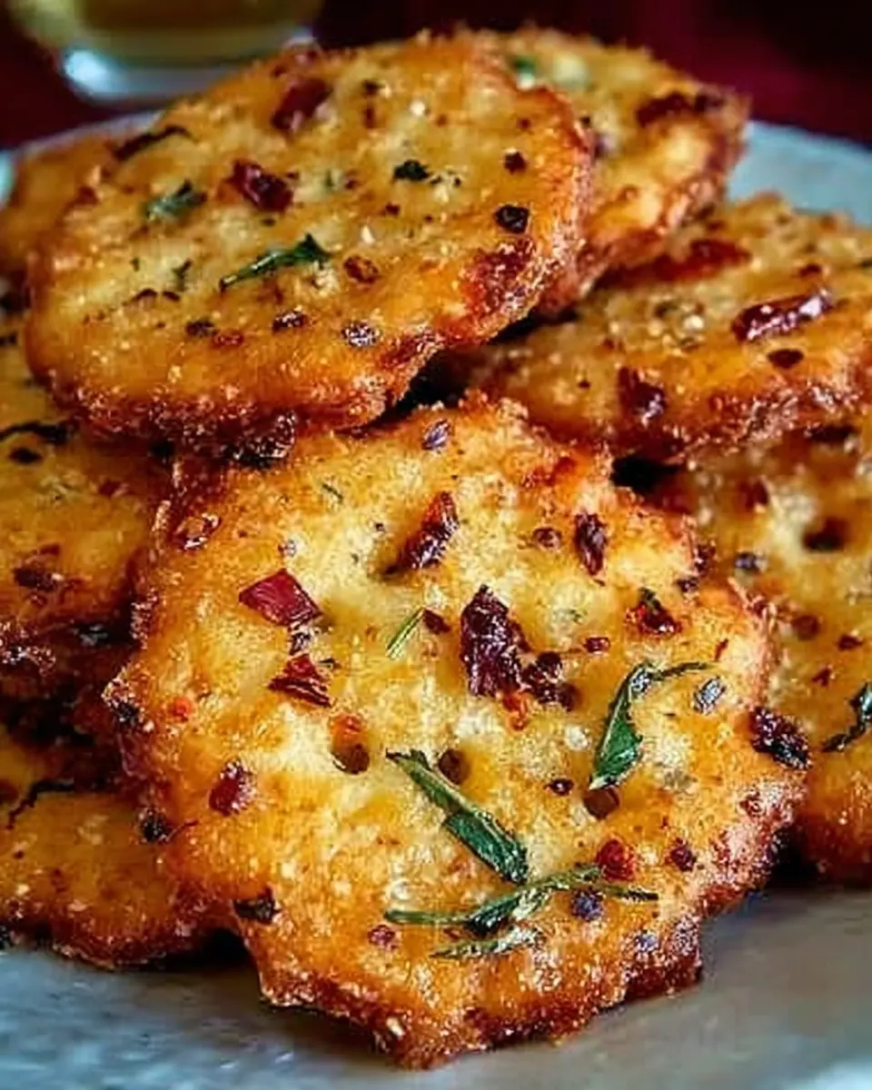  Golden Ritz crackers baked with Ranch seasoning and Parmesan cheese, arranged on a festive platter