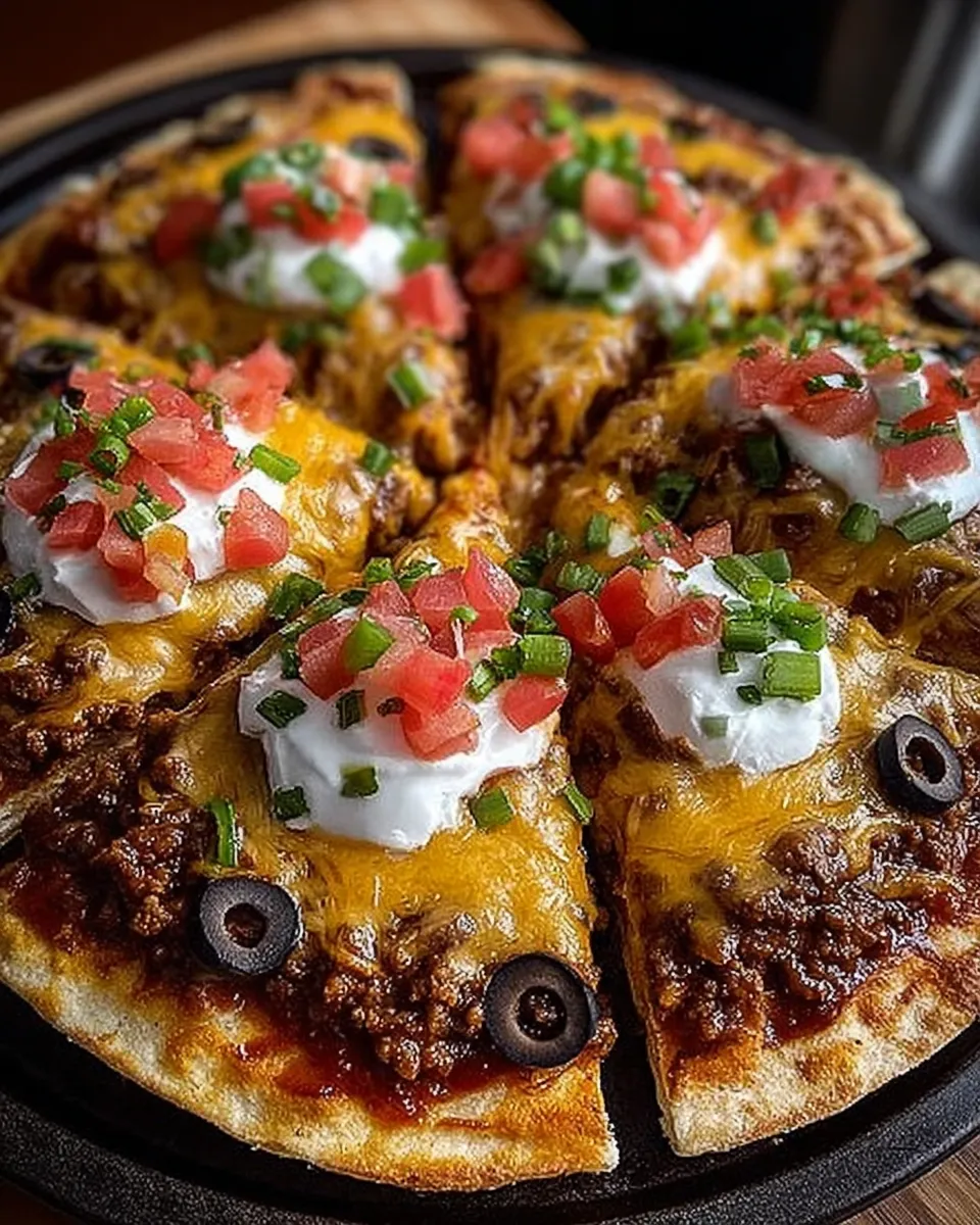 A sliced Homemade Mexican Pizza topped with cheese, olives, tomatoes, and green onions on a rustic plate
