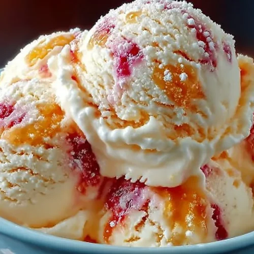 A bowl of creamy homemade peach ice cream topped with fresh peach slices and a mint leaf, showcasing vibrant peach color and smooth texture.