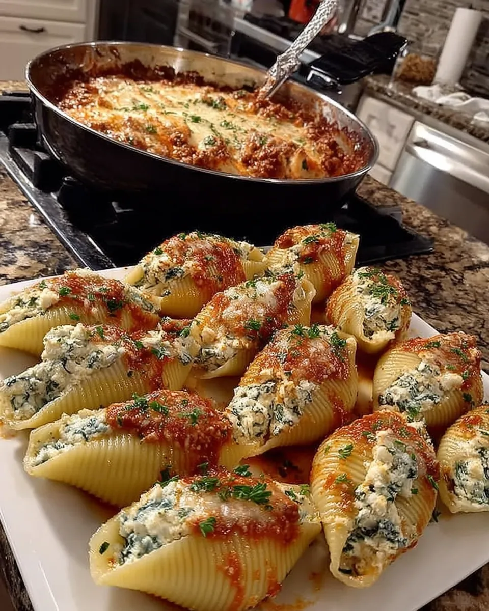 A baking dish of golden, cheesy homemade stuffed shells topped with sauce and fresh herbs.