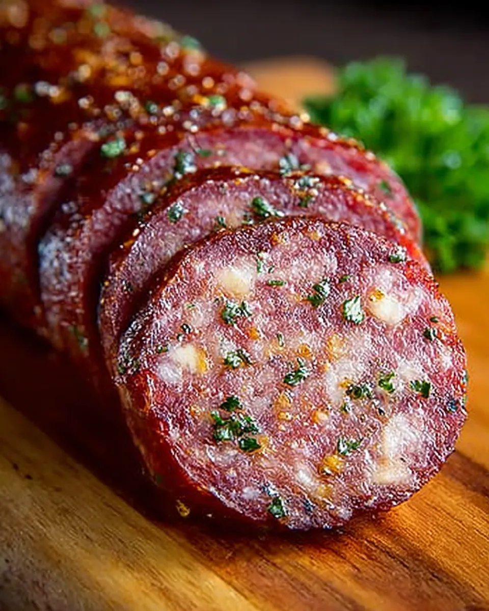 Sliced homemade summer sausage with cheese and crackers on a rustic boar
