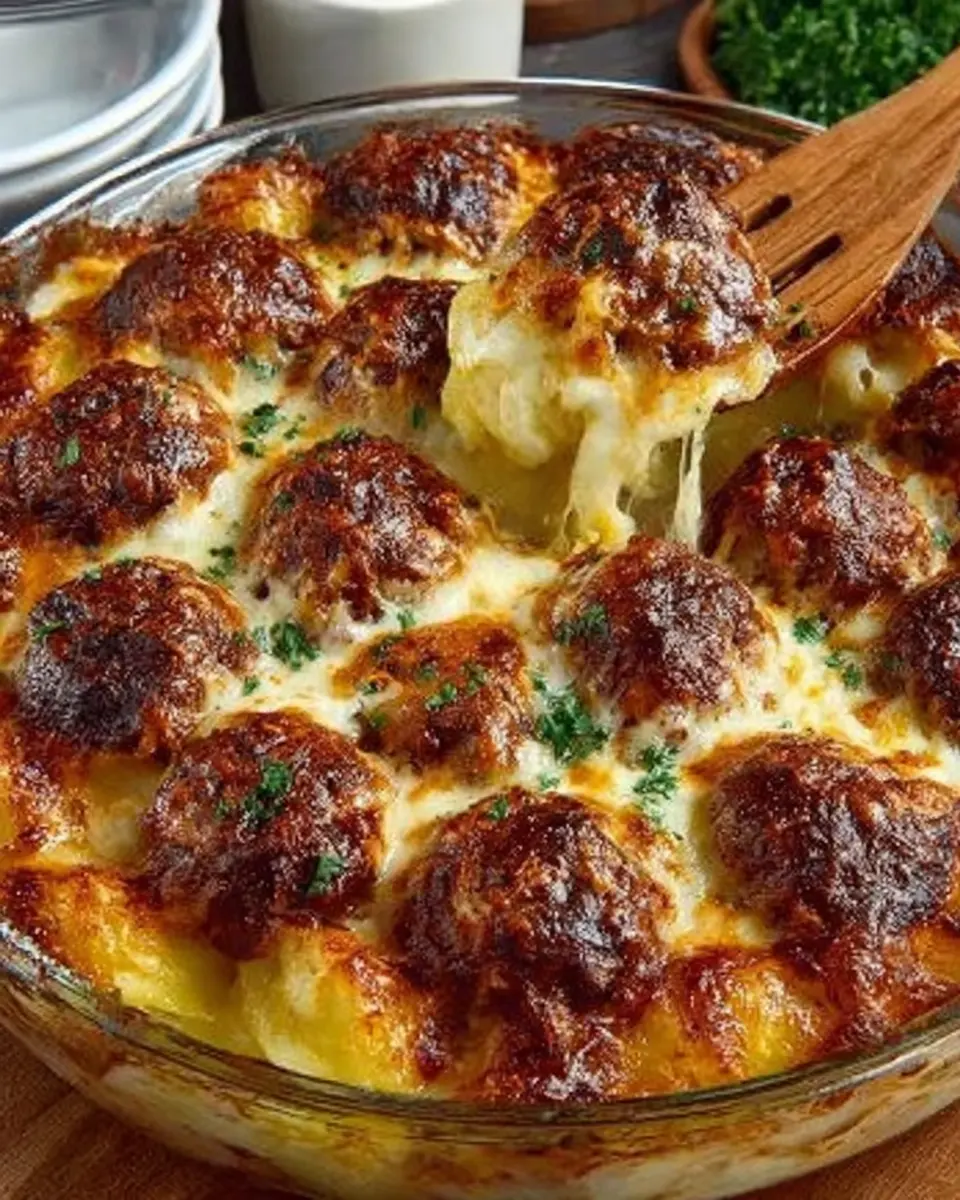 Casserole dish with layers of mashed potatoes, meatballs, and melted mozzarella cheese