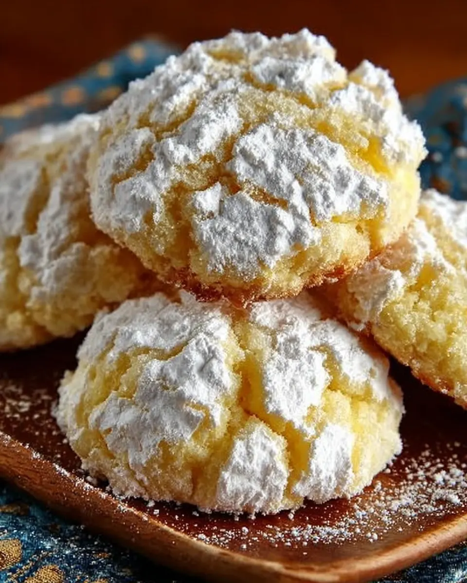 Stack of lemon crinkle cookies with powdered sugar crinkles on a white plate