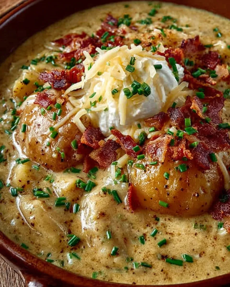 Bowl of creamy loaded potato soup topped with bacon, cheddar, and chives