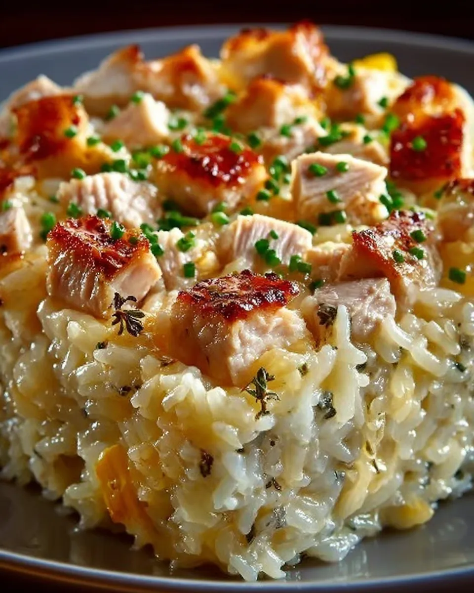 Baked Mamaw’s Chicken and Rice Casserole in a 9x13 dish with golden top