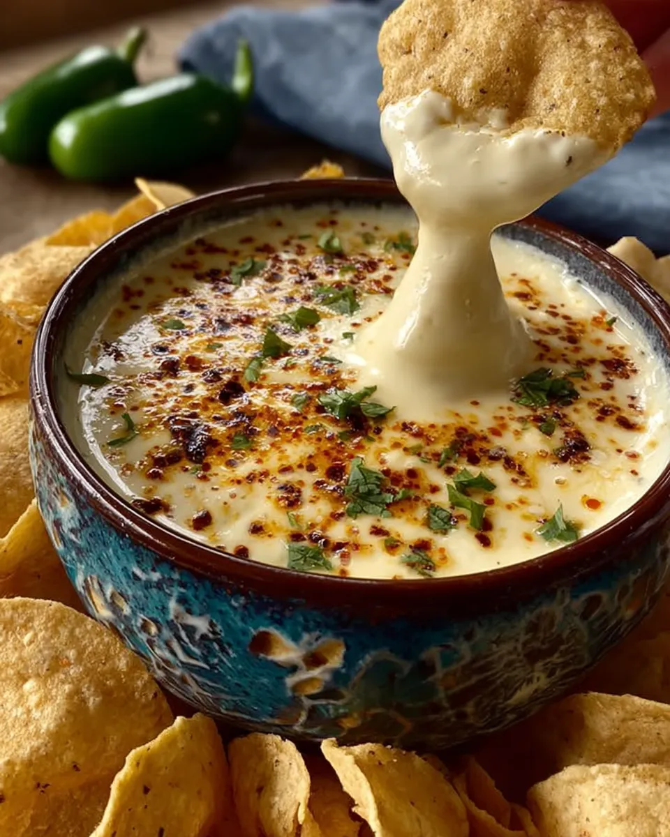 Bowl of creamy Mexican Restaurant Style White Cheese Queso Dip with tortilla chips
