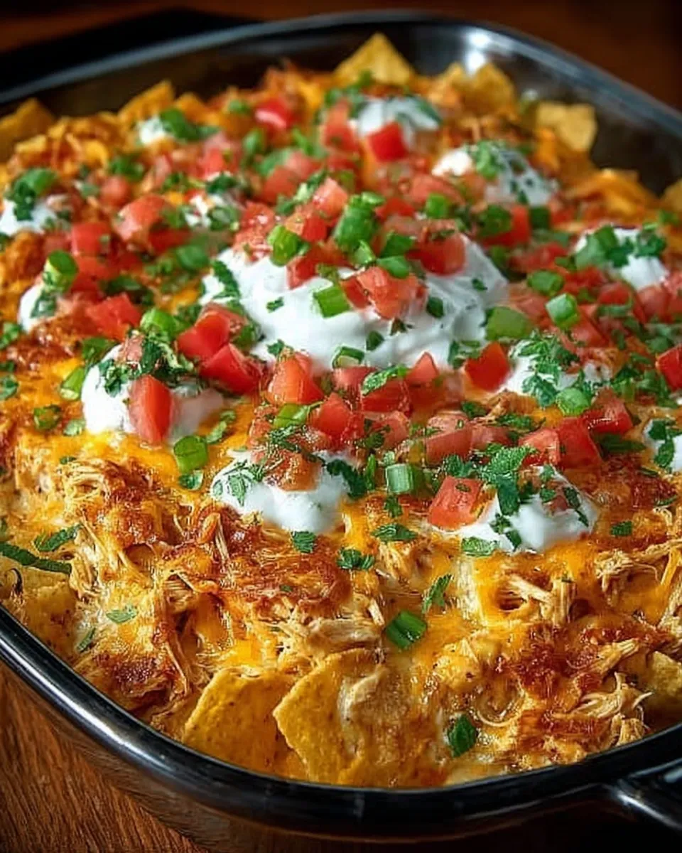 A baked dish of Mexican White Trash casserole with golden cheese, crushed nacho chips, and creamy chicken layers.