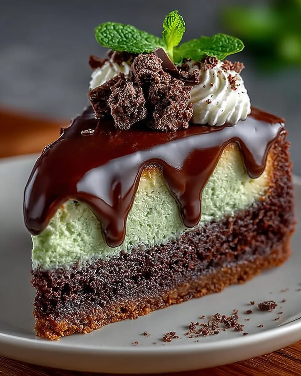 Slice of Mint Chocolate Cheesecake Cake with glossy ganache and mint garnish