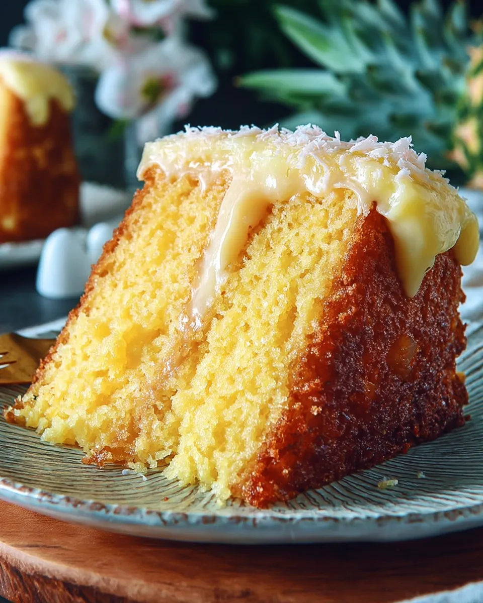 Slice of Moist Pineapple Coconut Cake with cream cheese frosting and shredded coconut on a white plate