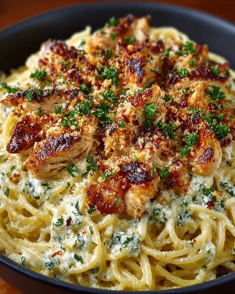 Monterey chicken spaghetti bake in a casserole dish topped with melted cheese and herbs