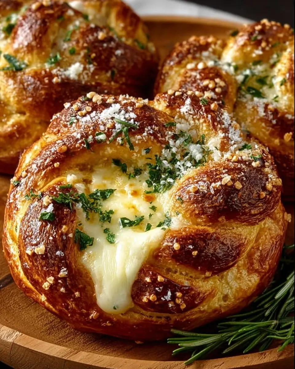 A tray of golden mozzarella-stuffed soft pretzels with melted cheese oozing from the center