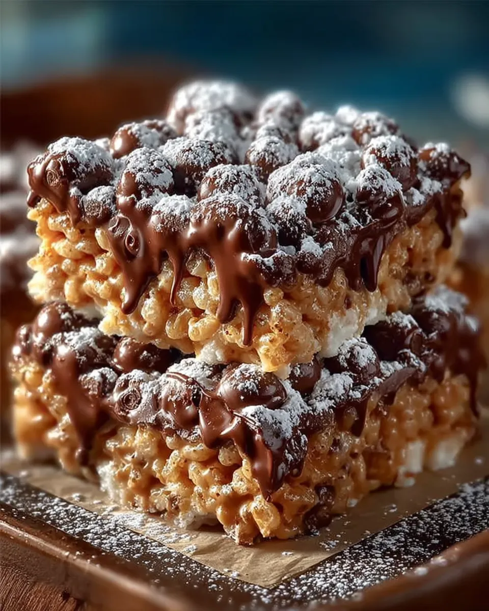 Pile of Muddy Buddy Rice Krispies dusted with powdered sugar on a parchment-lined tray