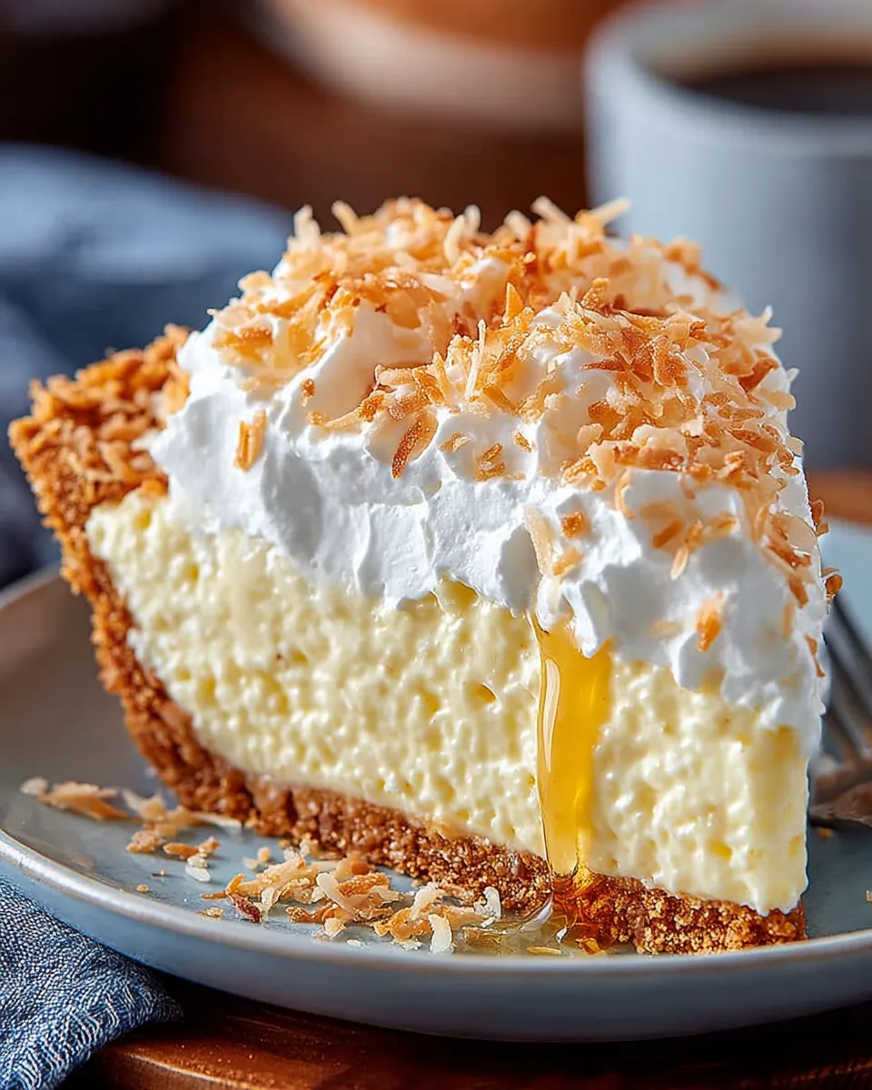 No Bake Coconut Cream Pie topped with toasted shredded coconut