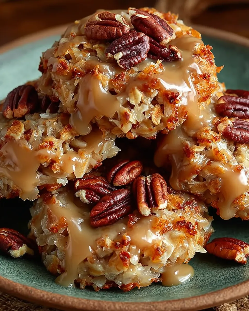 Stack of no-bake coconut pecan praline cookies on parchment paper