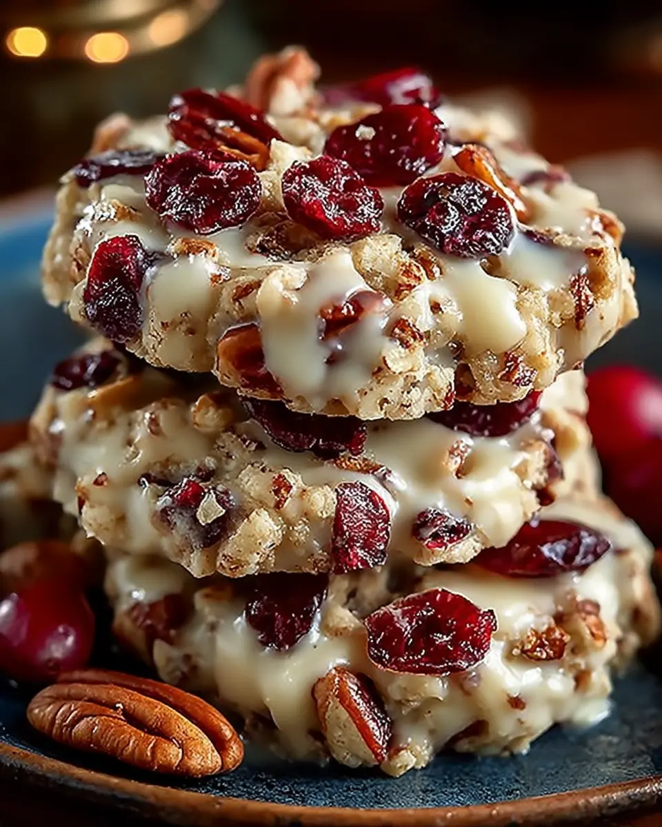 A batch of no-bake cranberry pecan praline cookies set on parchment paper with visible oats and nuts