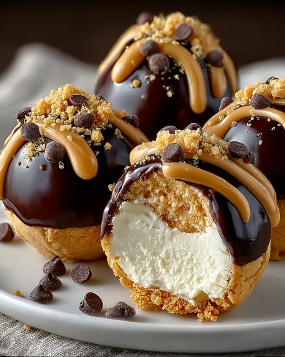 Bite-sized peanut butter cheesecake balls dipped in chocolate on a parchment-lined tray