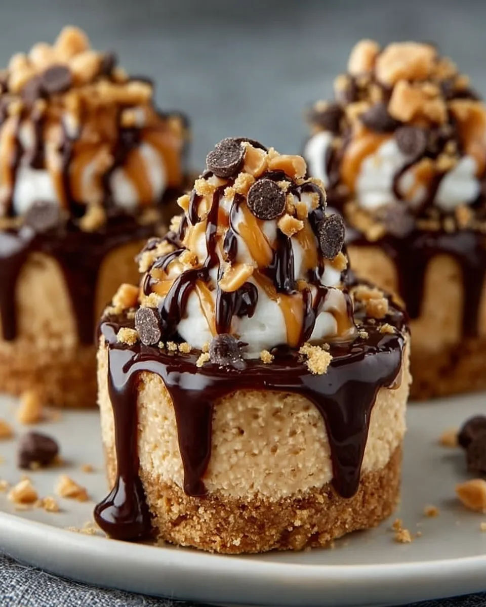 Bite-sized no-bake peanut butter cheesecake treats topped with chocolate drizzle and peanuts